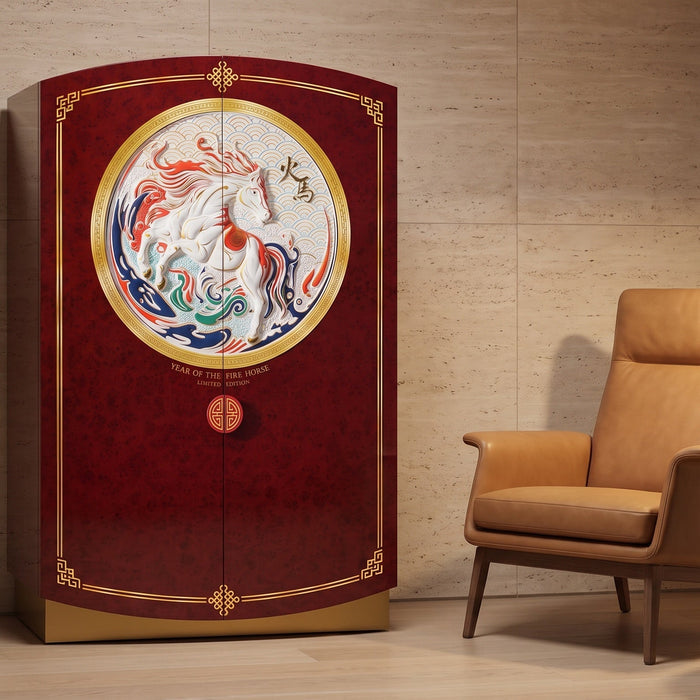 Afidano Year of the Fire Horse red lacquer cigar humidor cabinet free-standing in a travertine lounge beside a reading chair