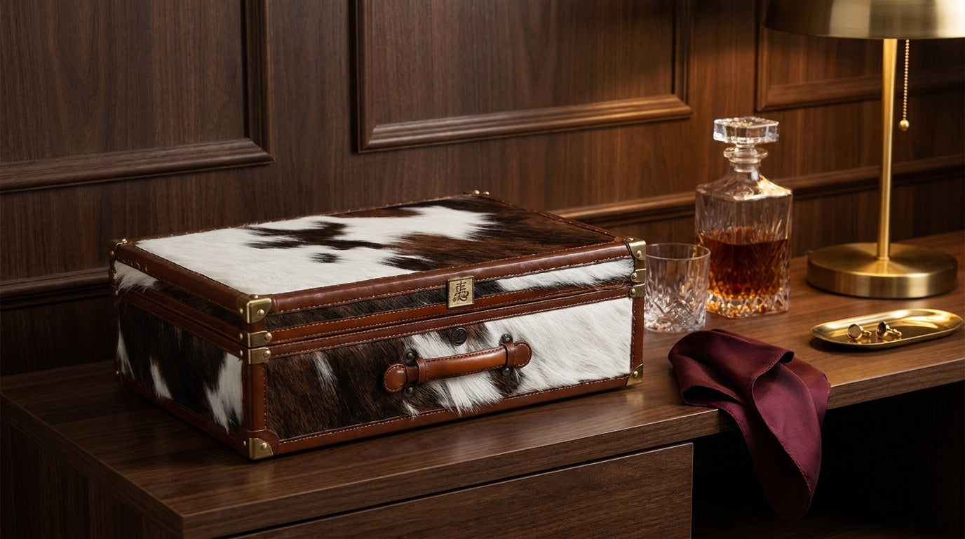 Afidano Year of the Horse cigar humidor in horsehair and cognac leather on a walnut console, a gift-ready keepsake