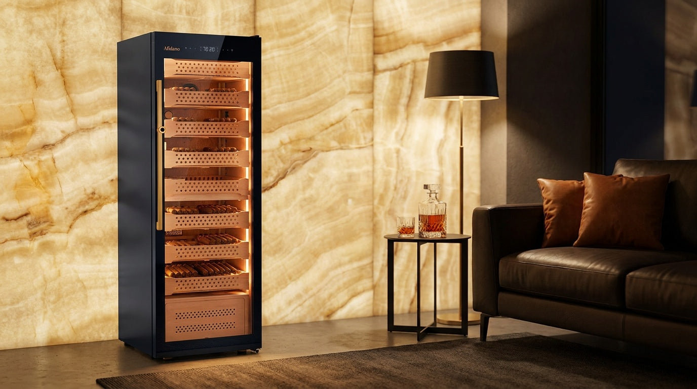 Afidano B8 glass door cigar humidor lit against an onyx wall, Spanish cedar trays stacked with cigars inside