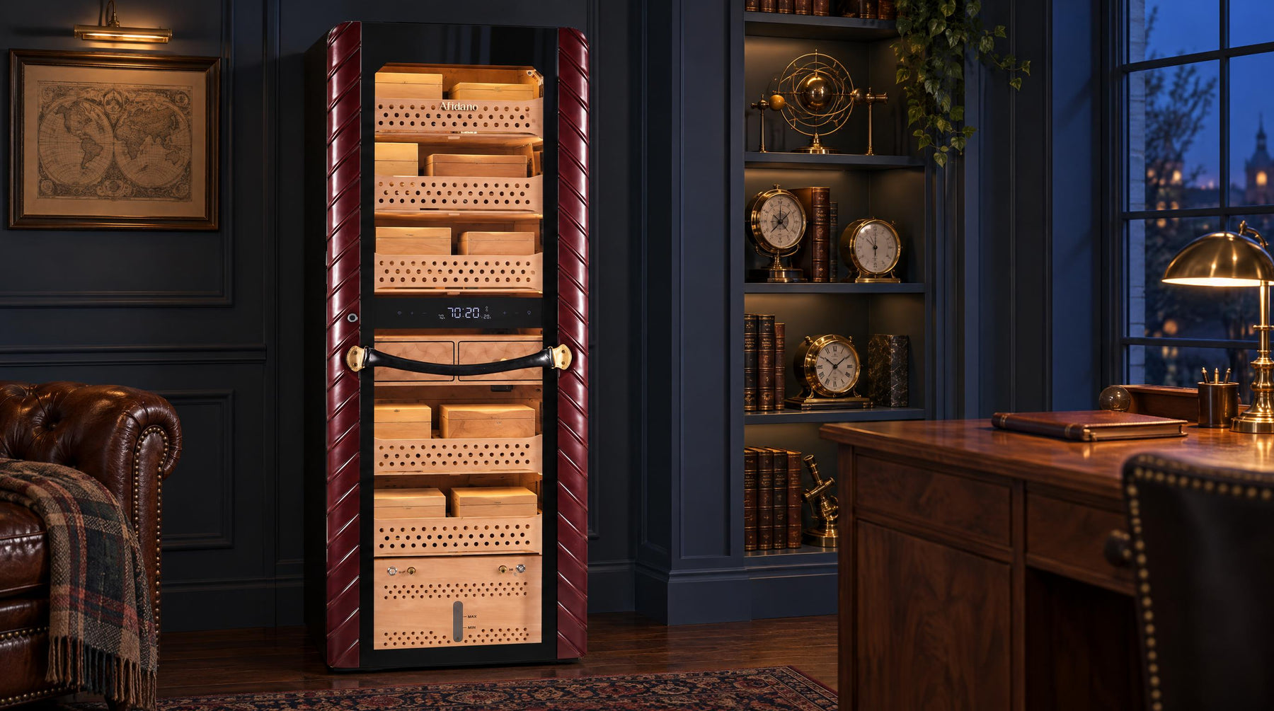 Afidano C8 Atelier electric cigar humidor with Spanish cedar trays in a navy engineer's study at blue hour