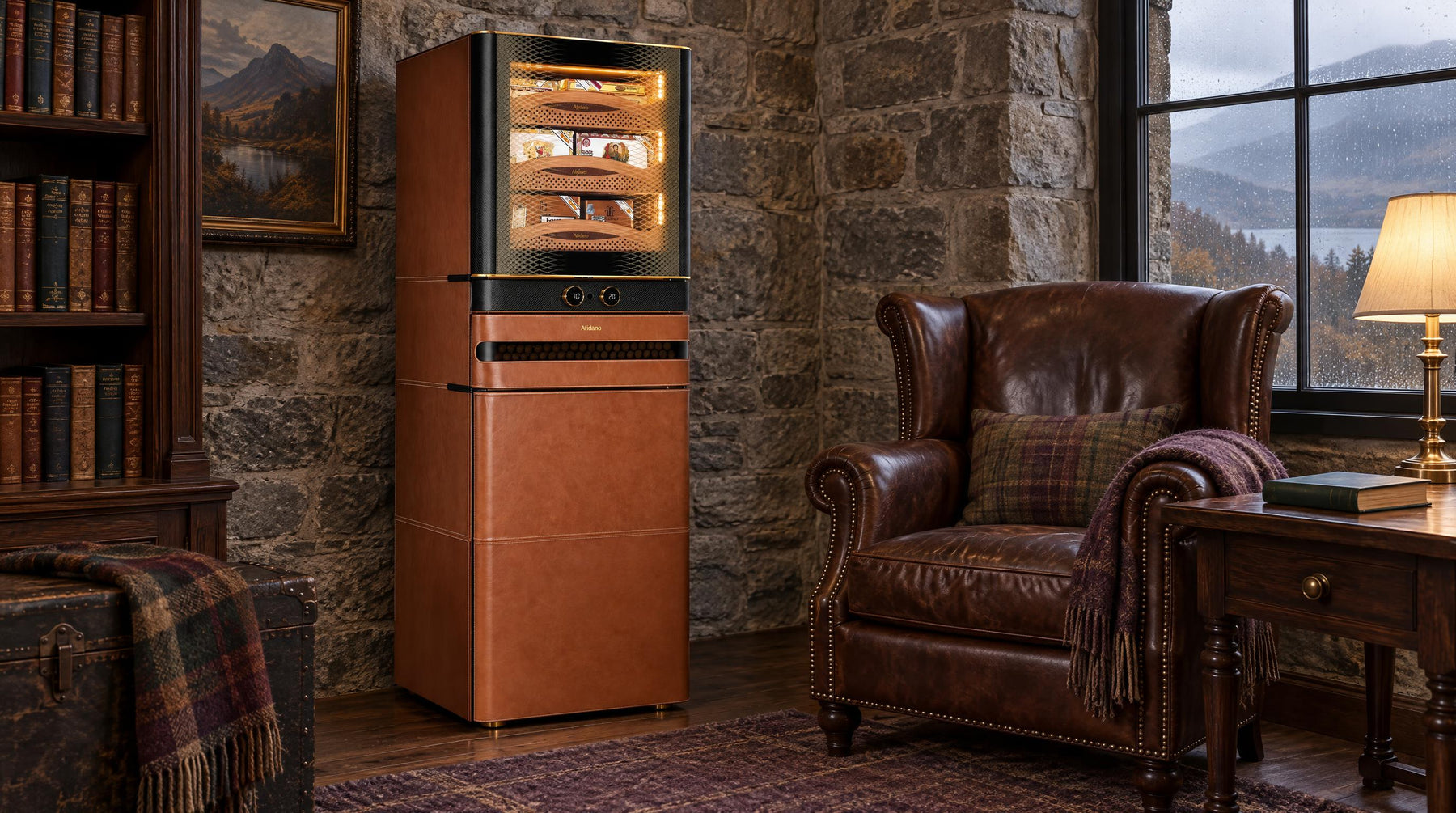 Afidano L8 leather cigar humidor cabinet with climate control in a stone-walled Highland study on a rainy day