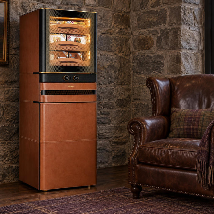 Afidano L8 leather cigar humidor cabinet with climate control in a stone-walled Highland study on a rainy day