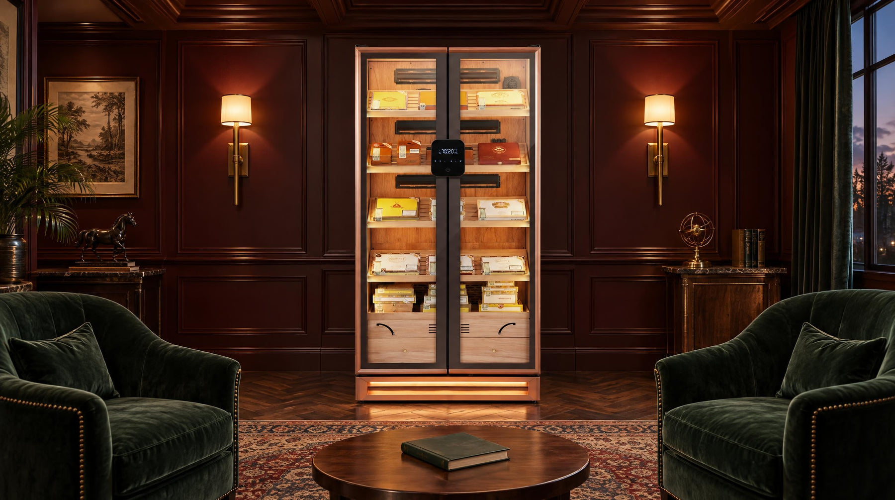 Afidano CH-420A 3000-count double-door cigar humidor cabinet in a wood-paneled private lounge at dusk