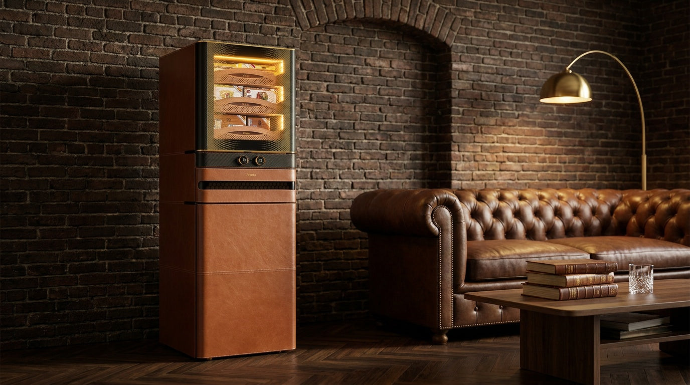 Afidano L8 leather cigar humidor with a lit Spanish cedar display cabinet in a brick-walled private cigar lounge