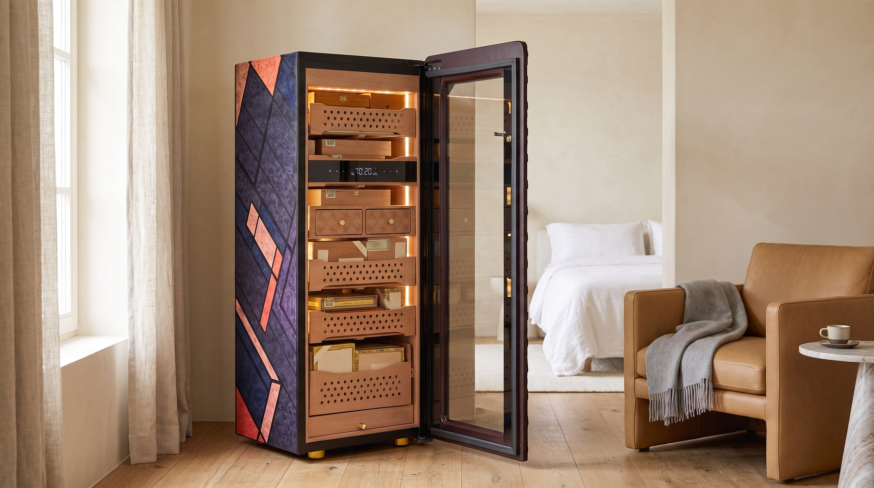 Afidano C5 Atelier cigar humidor with its door open showing Spanish cedar drawers and trays in a bright bedroom