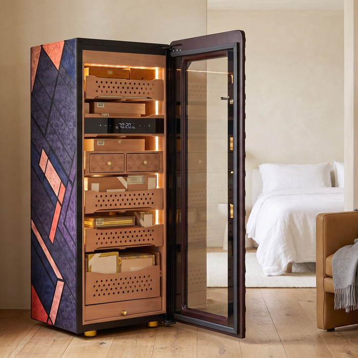 Afidano C5 Atelier cigar humidor with its door open showing Spanish cedar drawers and trays in a bright bedroom