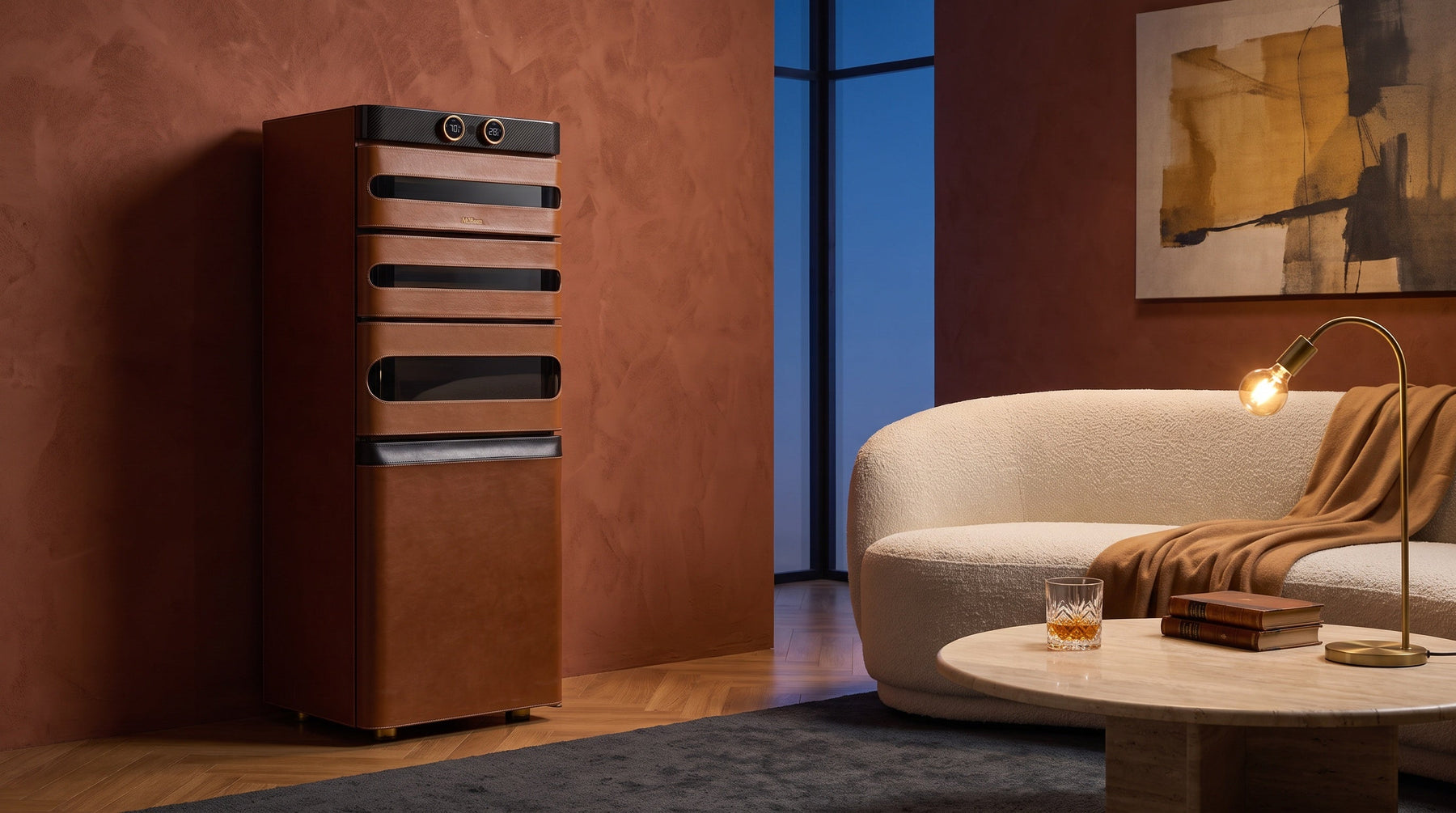 Afidano L5 Artistry cognac leather furniture humidor cabinet in a modern living room with a terracotta feature wall