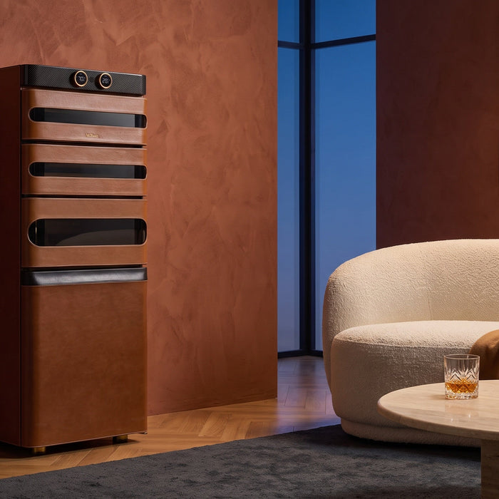 Afidano L5 Artistry cognac leather furniture humidor cabinet in a modern living room with a terracotta feature wall