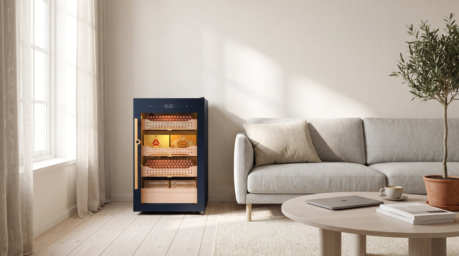 Afidano B2 850-count cigar humidor cabinet in a bright Scandinavian-style apartment living room beside a sofa