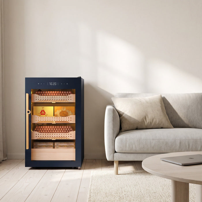 Afidano B2 850-count cigar humidor cabinet in a bright Scandinavian-style apartment living room beside a sofa