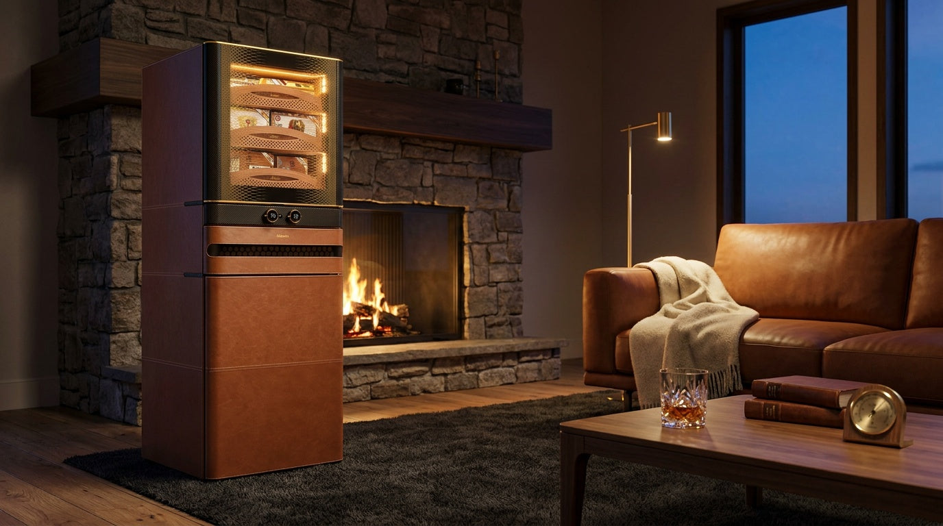 Afidano L8 Artistry cigar humidor cabinet in cognac leather beside a fireplace, lit Spanish cedar shelves on display
