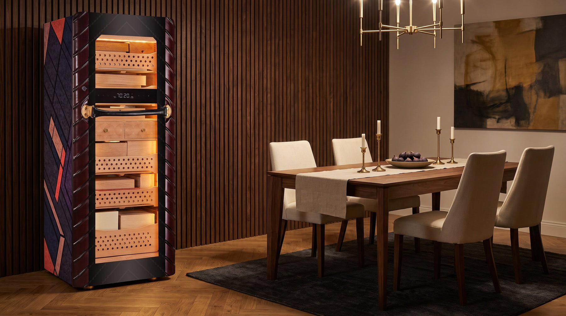 Afidano C5 Atelier electric cigar humidor with Art Deco marquetry panel in a walnut-panelled dining room