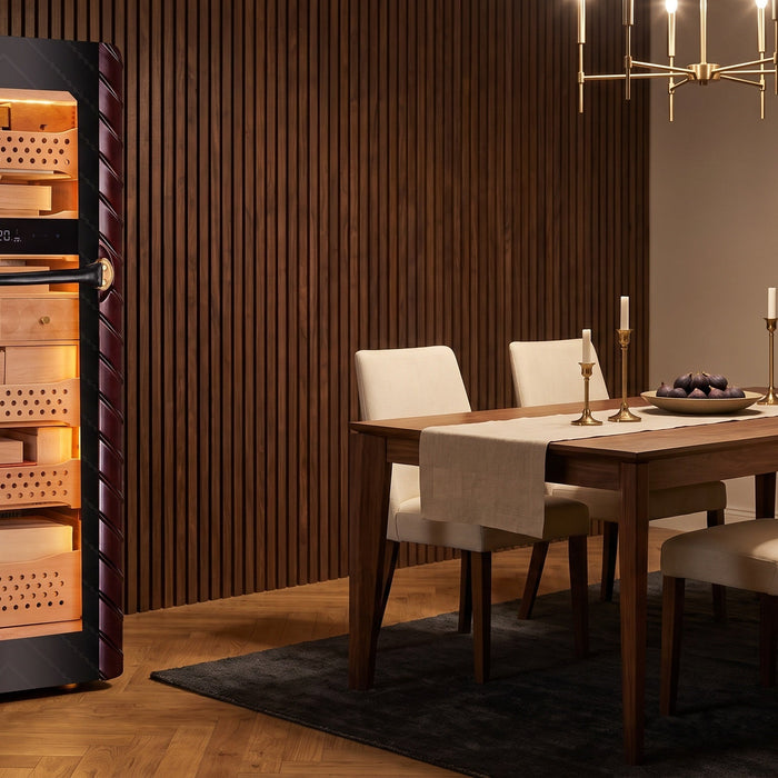 Afidano C5 Atelier electric cigar humidor with Art Deco marquetry panel in a walnut-panelled dining room
