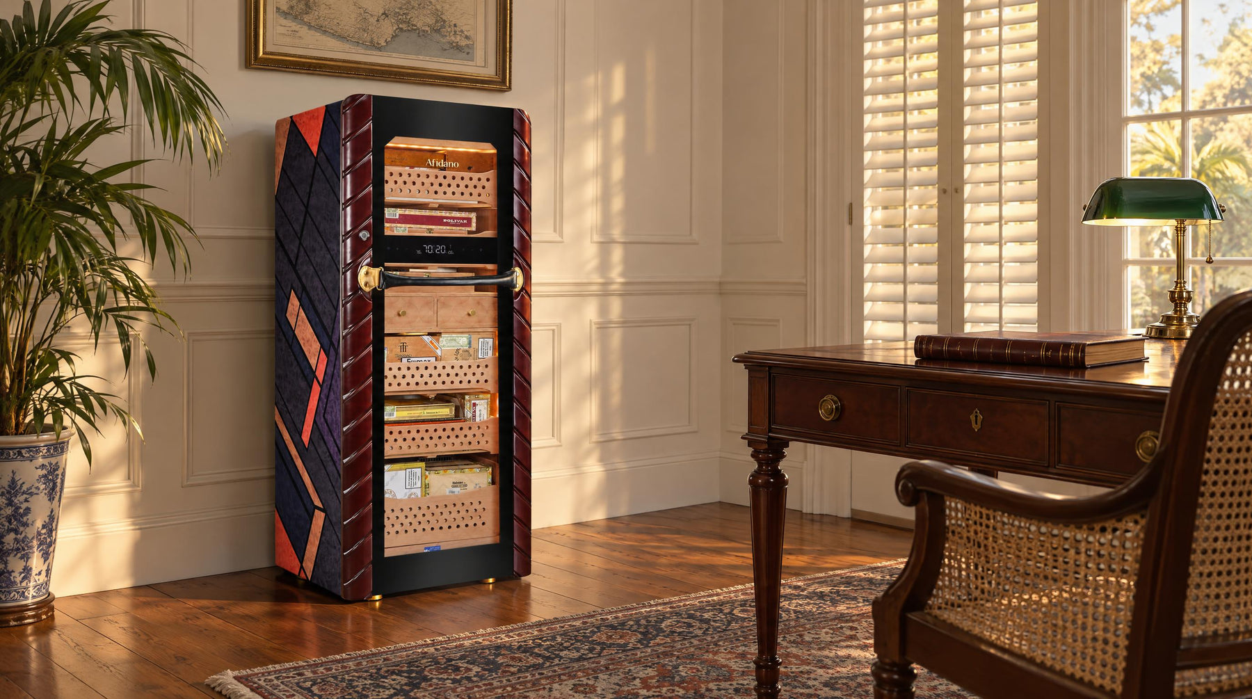 Afidano C5 temperature-controlled cigar humidor cabinet in a Charleston study on a warm summer evening