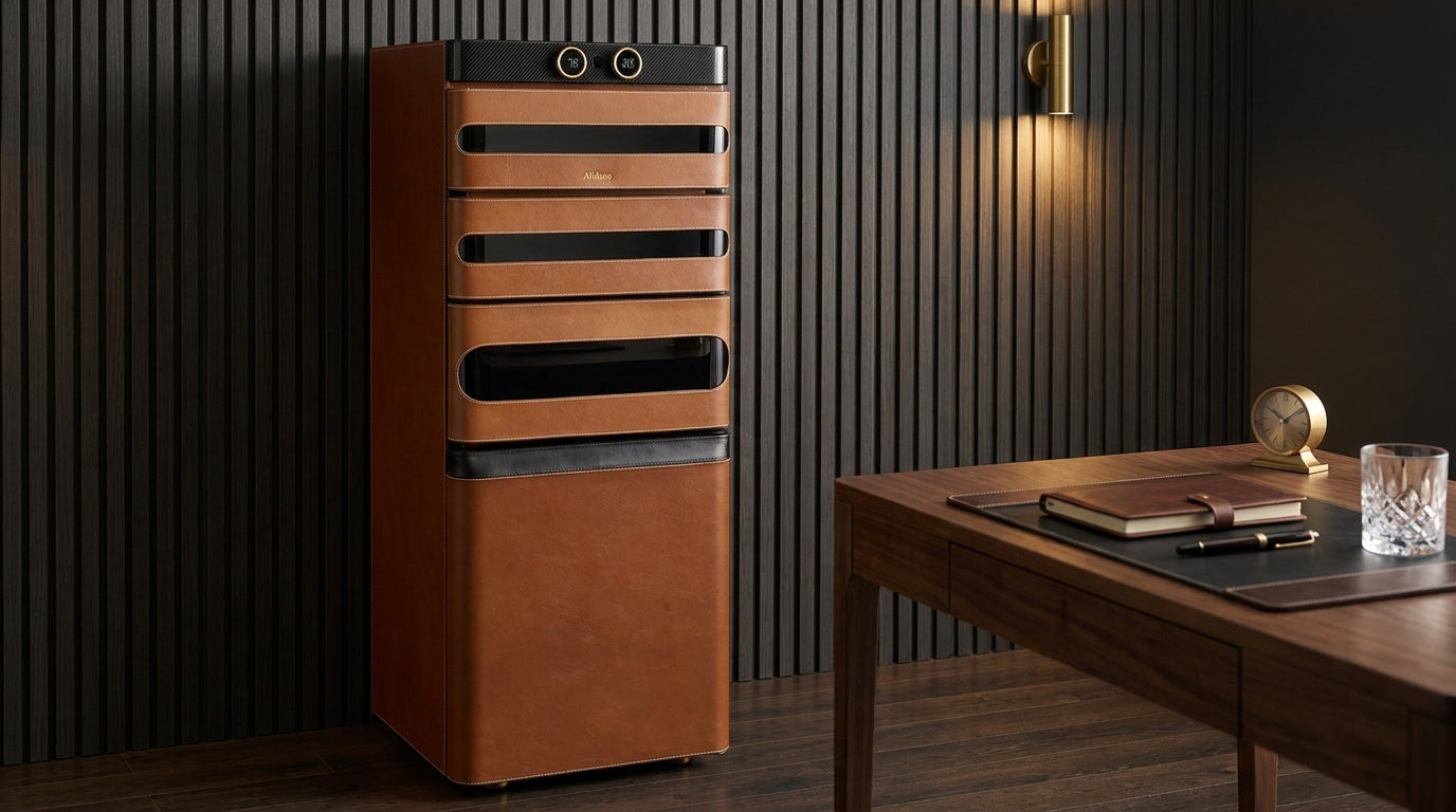 Afidano L5 leather cigar humidor with twin gold-ringed hygrometer and thermometer dials lit in a dark panelled den