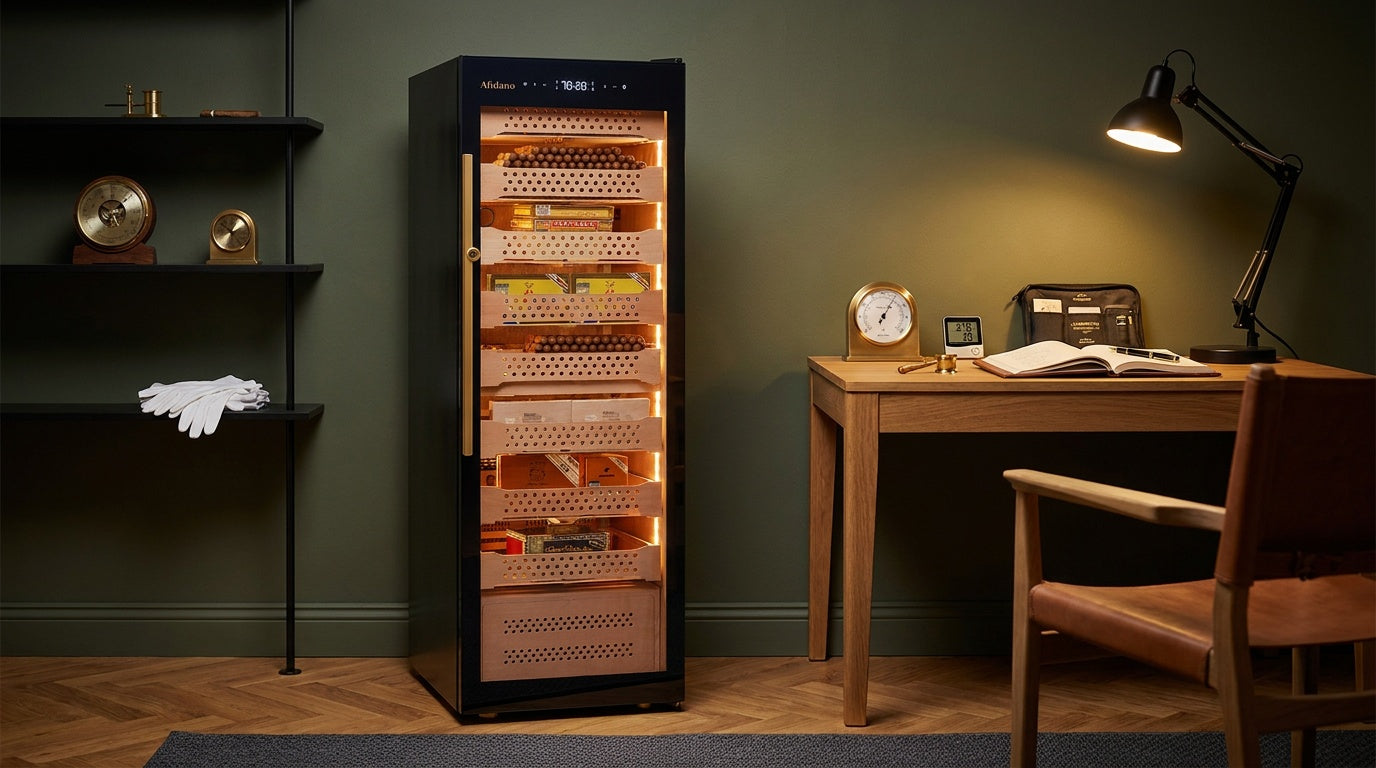 Afidano B6 cigar humidor with a digital hygrometer readout on its glass door, lit Spanish cedar trays inside