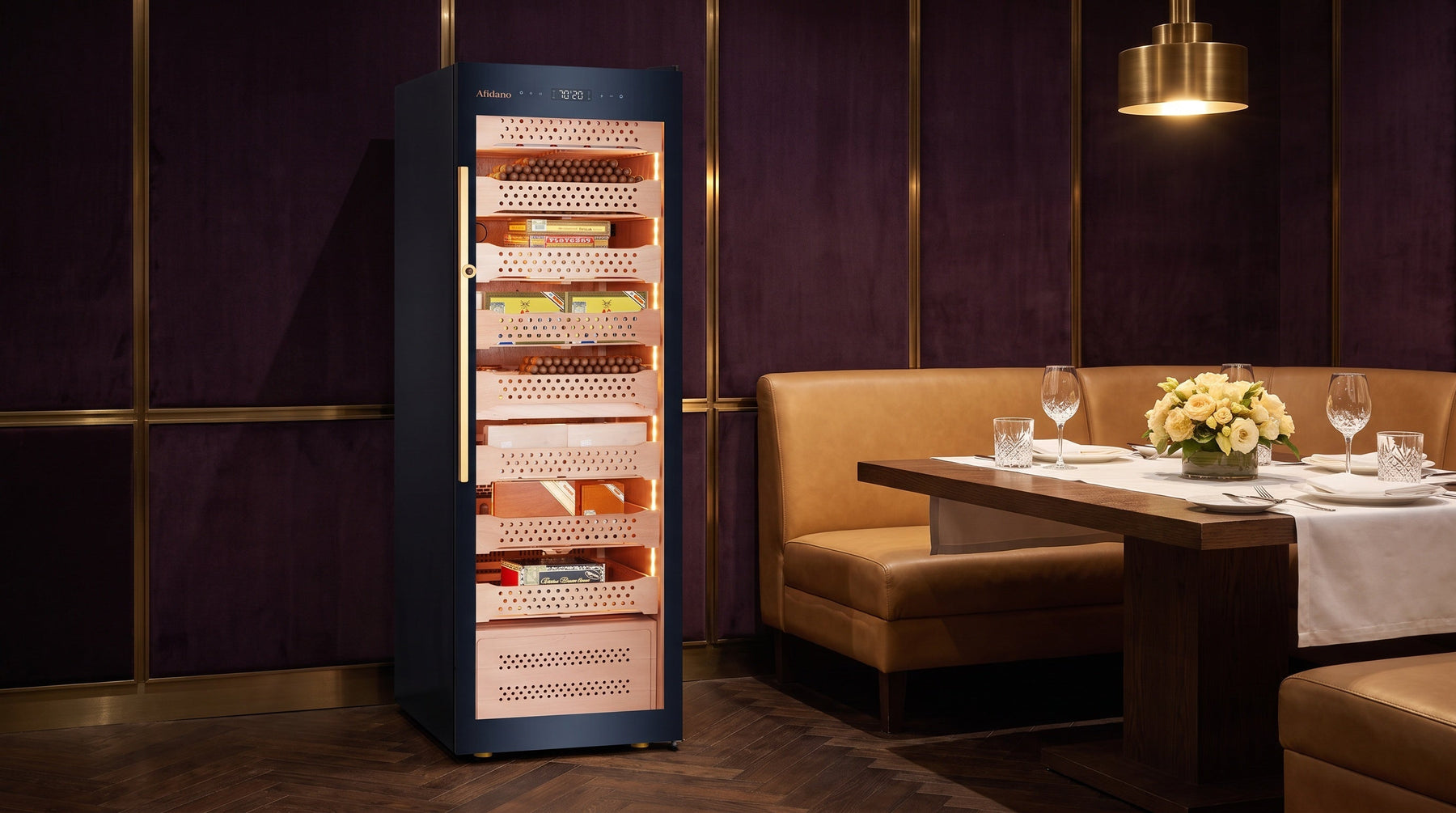 Afidano B6 1500-count cigar humidor cabinet with lit Spanish cedar trays in a velvet-panelled private dining room