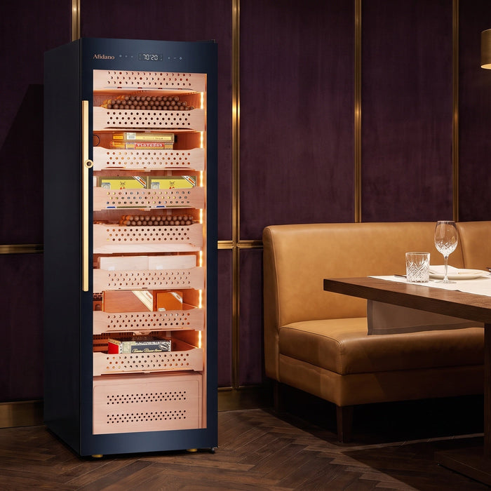 Afidano B6 1500-count cigar humidor cabinet with lit Spanish cedar trays in a velvet-panelled private dining room