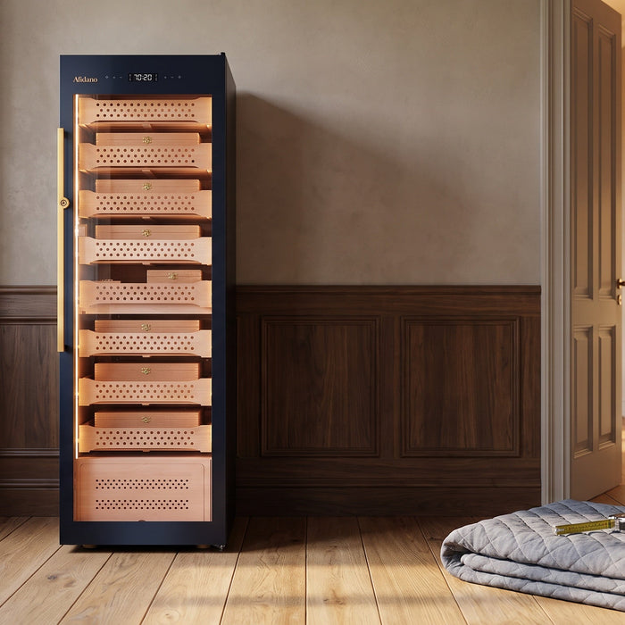 Afidano B8 2500-count cigar humidor cabinet just delivered to a sunlit study, moving blanket and tape measure beside it