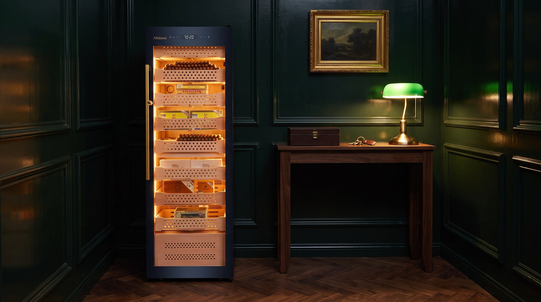 Afidano B6 locking electric cigar humidor cabinet with brass lock in a dark green private study at night