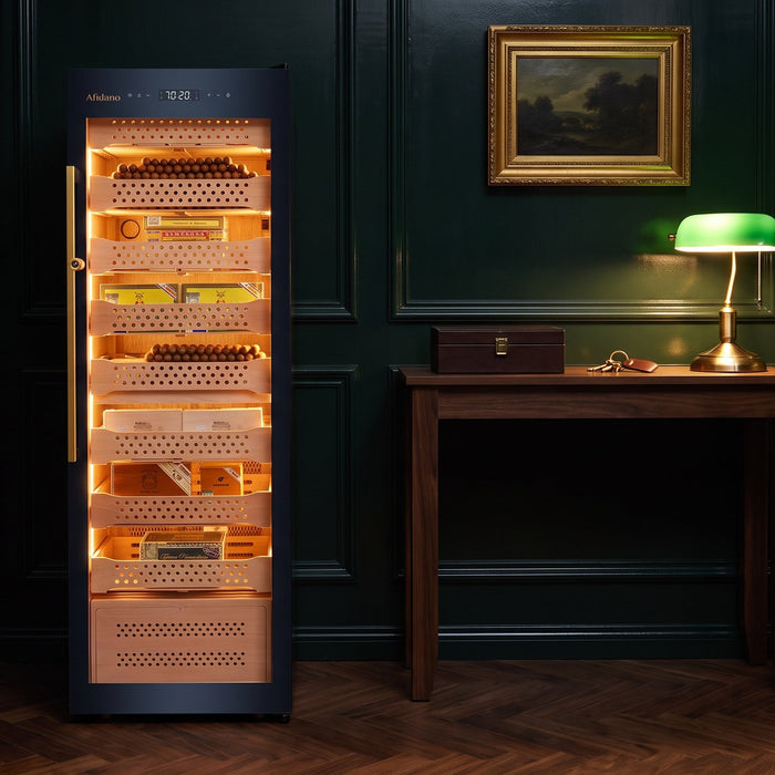 Afidano B6 locking electric cigar humidor cabinet with brass lock in a dark green private study at night