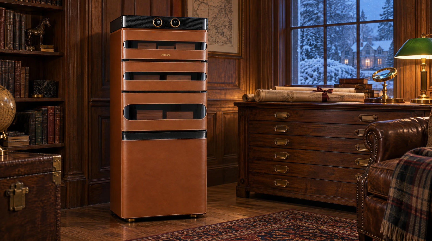 Afidano L5 Artistry leather cigar humidor cabinet in an oak-panelled archive room on a snowy winter evening