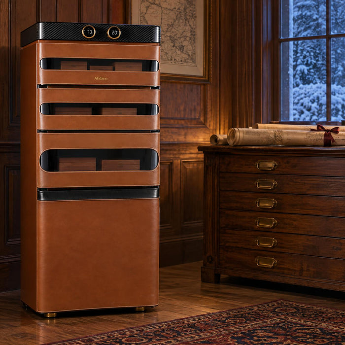 Afidano L5 Artistry leather cigar humidor cabinet in an oak-panelled archive room on a snowy winter evening