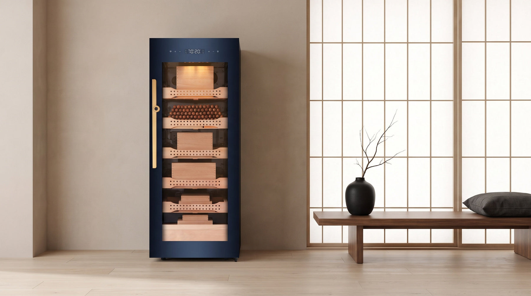 Afidano B4 steel-and-glass electric cigar humidor cabinet in a minimalist Japanese-inspired apartment at midday