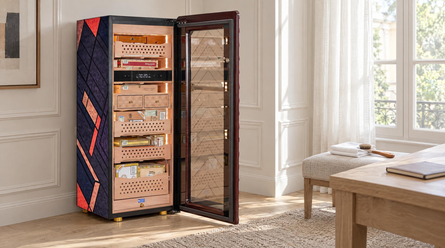 Afidano C5 cigar humidor cabinet with door open showing Spanish cedar trays in a bright, clean study