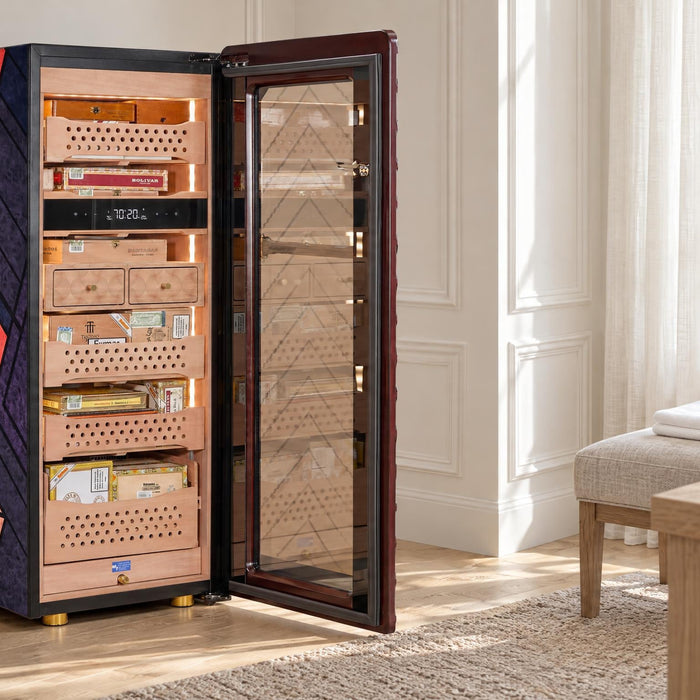 Afidano C5 cigar humidor cabinet with door open showing Spanish cedar trays in a bright, clean study