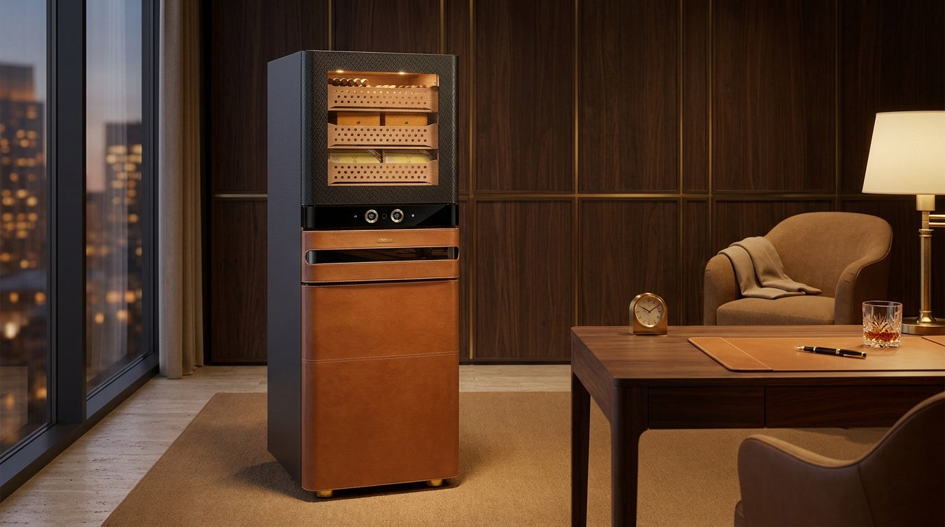 Afidano L6 leather cigar humidor with twin gold dials and lit Spanish cedar trays in a penthouse study at dusk