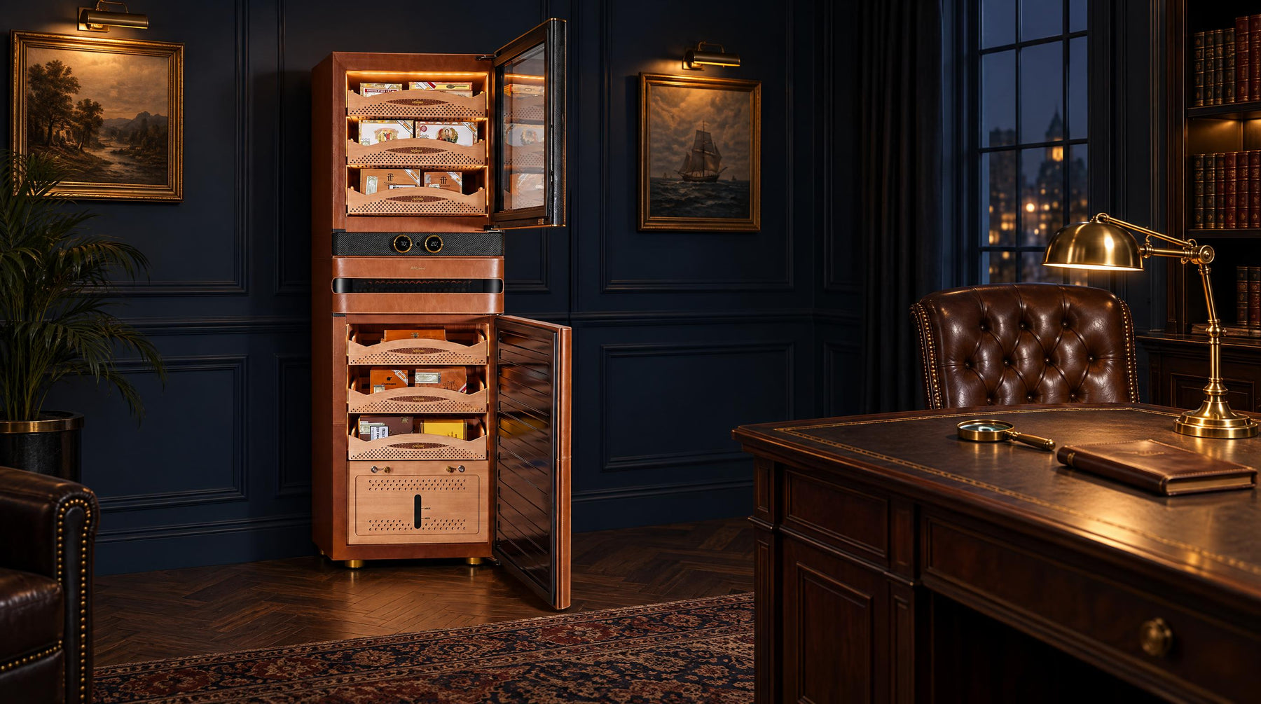 Afidano L8 leather cigar humidor with both doors open to Spanish cedar drawers in a navy-panelled study
