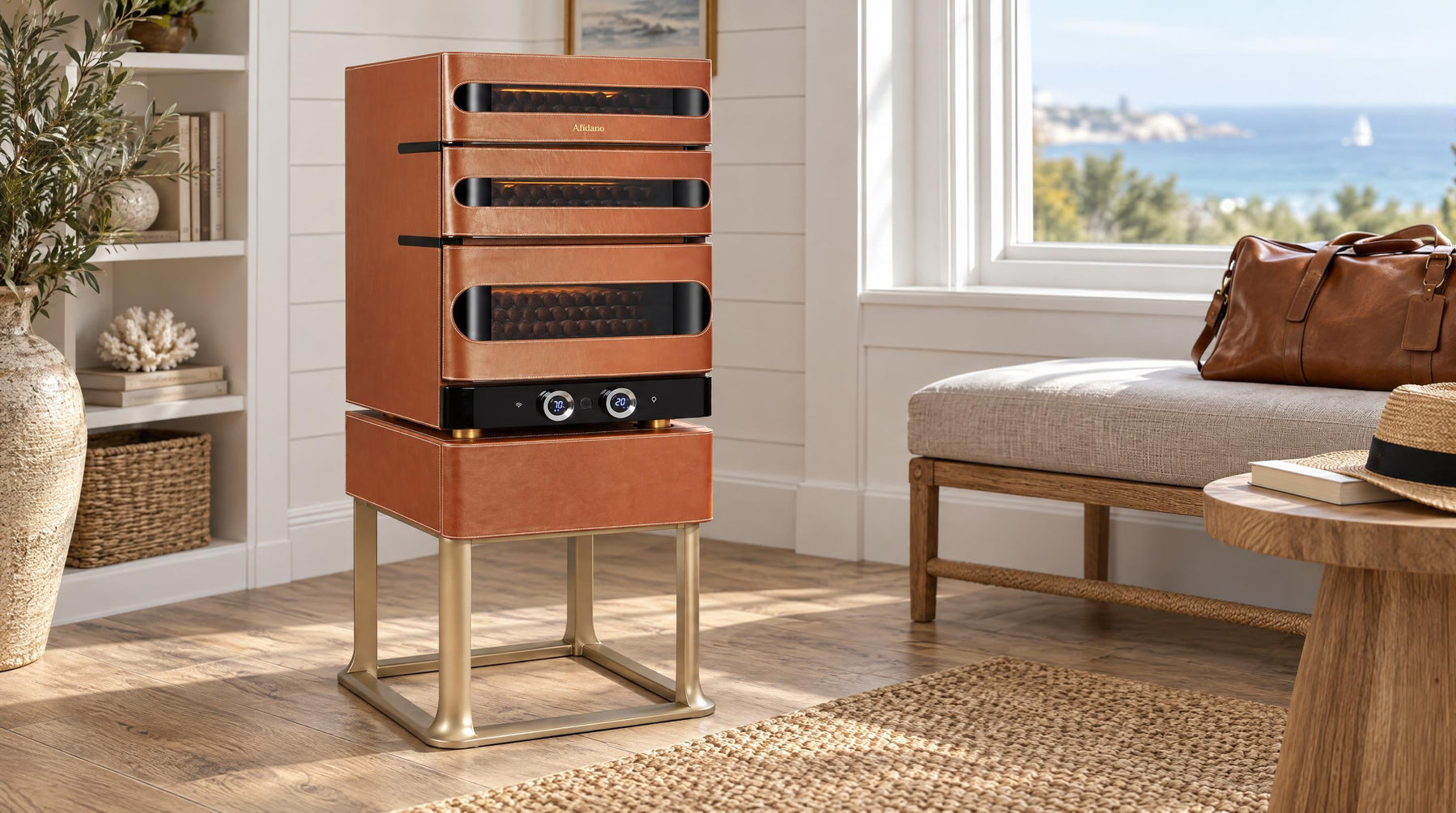 Afidano L3 leather cigar humidor on a gold stand in a coastal study, a leather weekender bag on the bench
