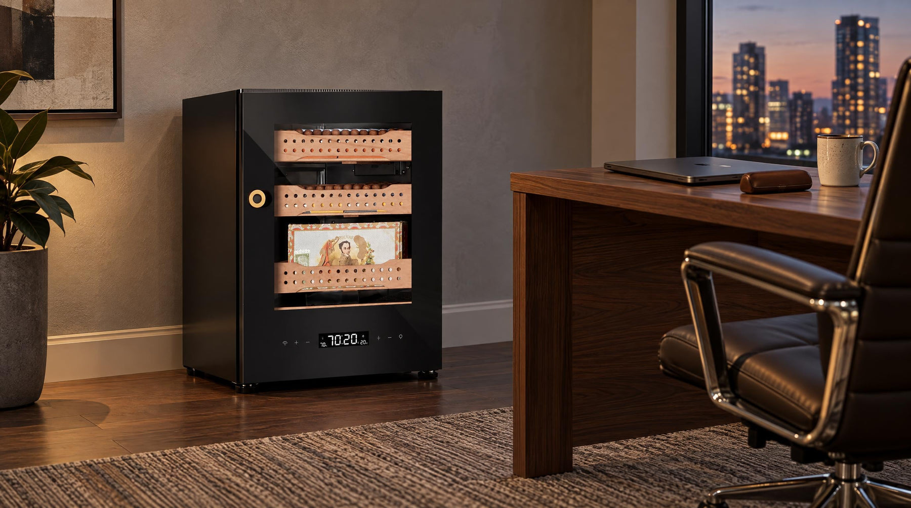Afidano B1 compact glass-door cigar humidor cabinet beside a walnut desk in a home office at dusk