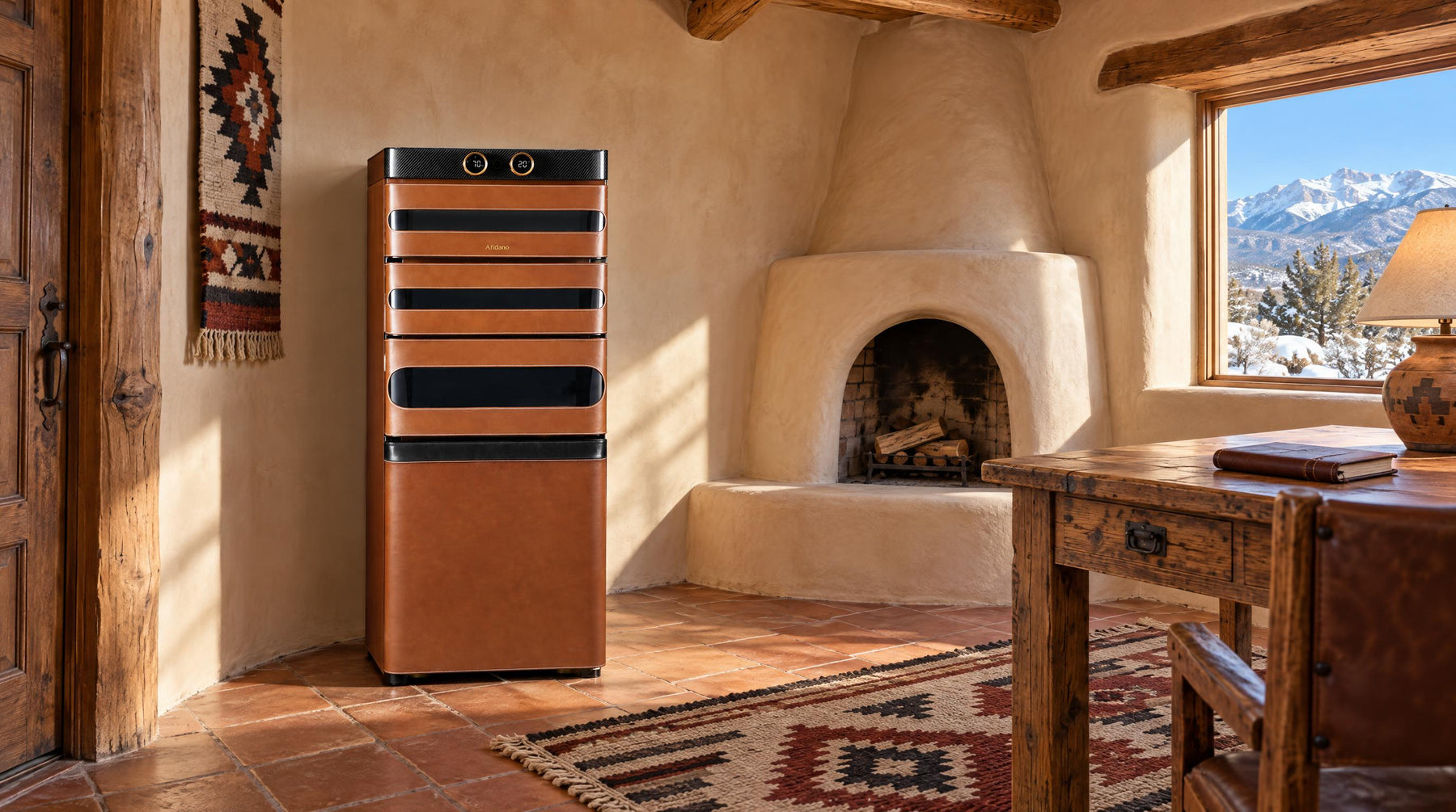 Afidano L5 leather cigar humidor cabinet in a sunlit adobe study on a dry winter afternoon