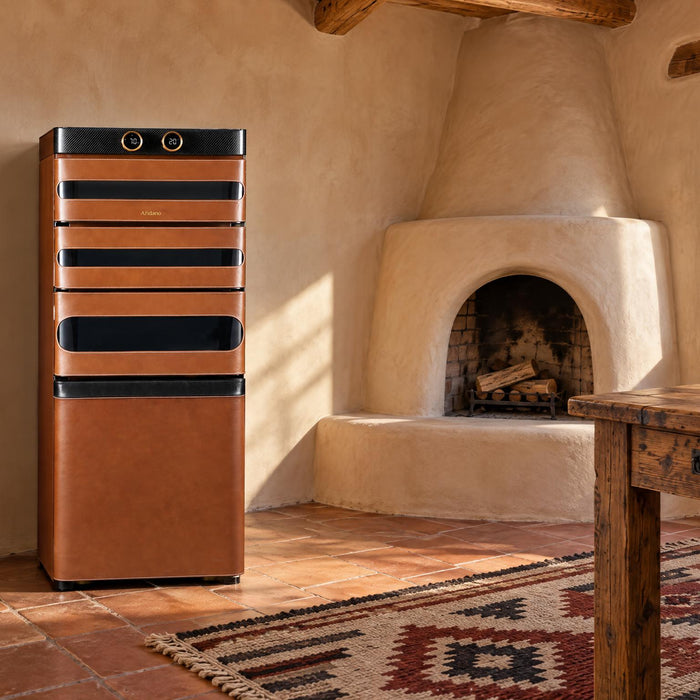 Afidano L5 leather cigar humidor cabinet in a sunlit adobe study on a dry winter afternoon