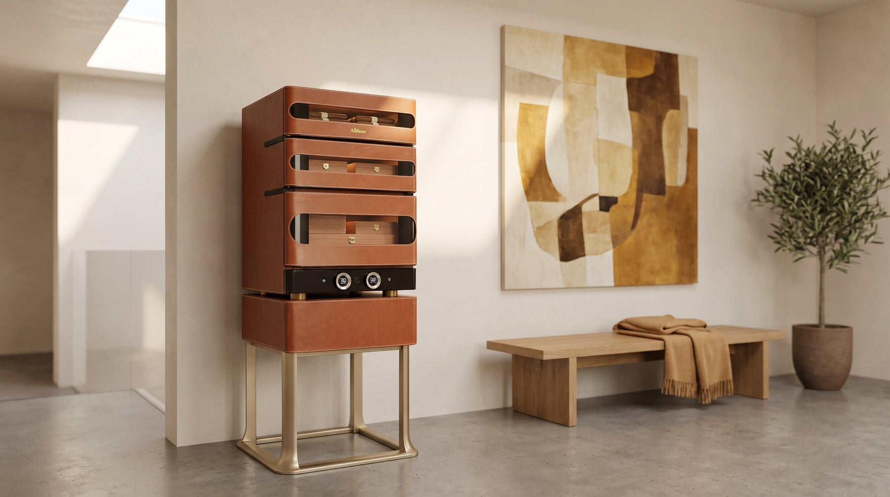 Afidano L3 standing cigar humidor in cognac leather on its champagne-gold stand in a bright gallery-style hallway