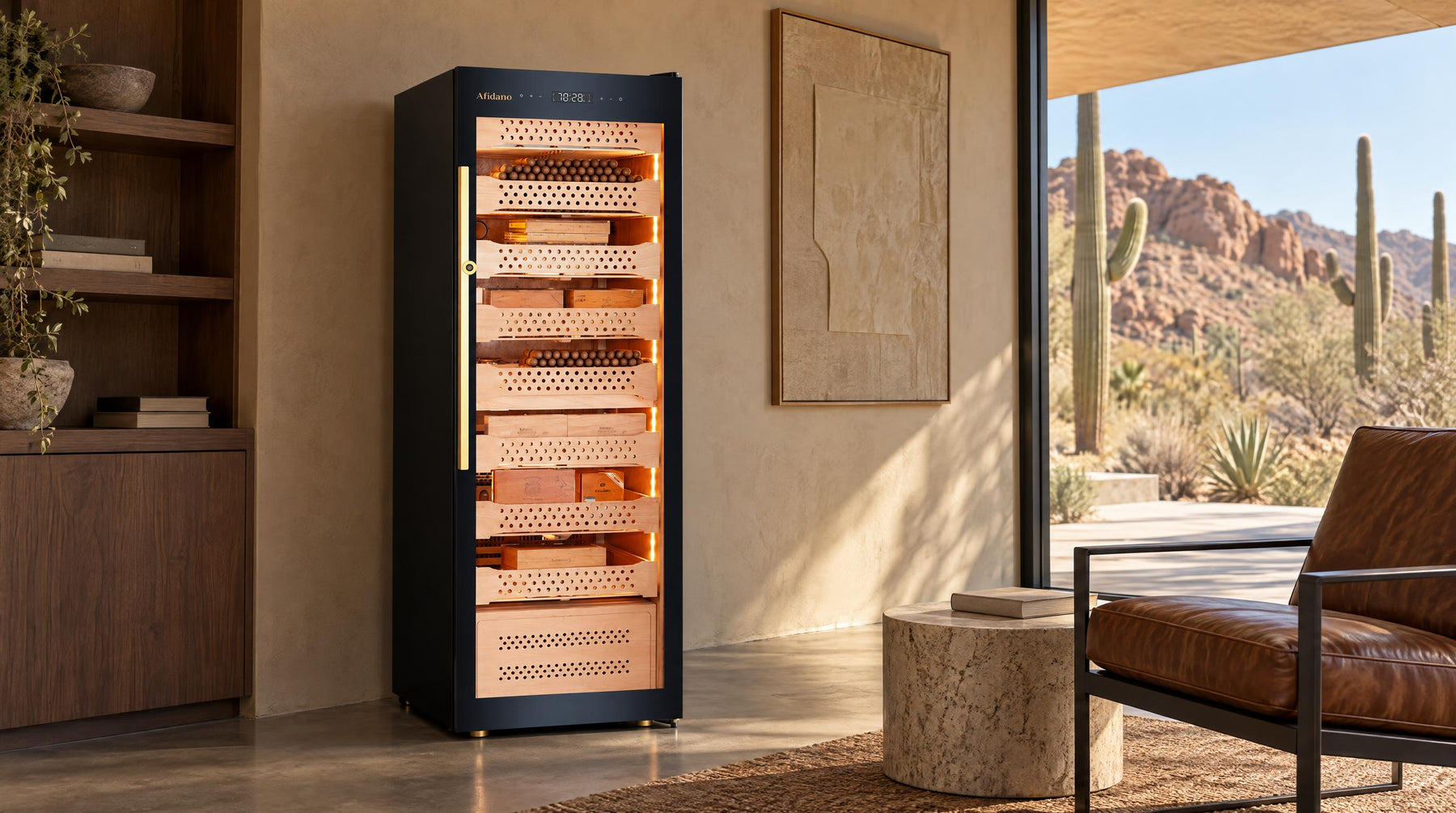 Afidano B6 compressor-cooled cigar humidor cabinet in a shaded desert-modern study with saguaro views