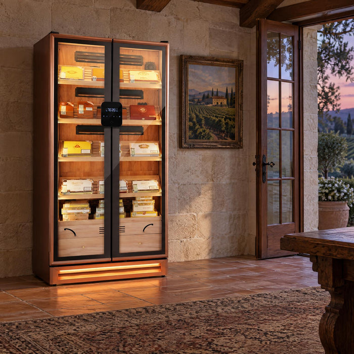 Afidano CH-420A double-door cigar humidor cabinet against a cool limestone wall in an estate office