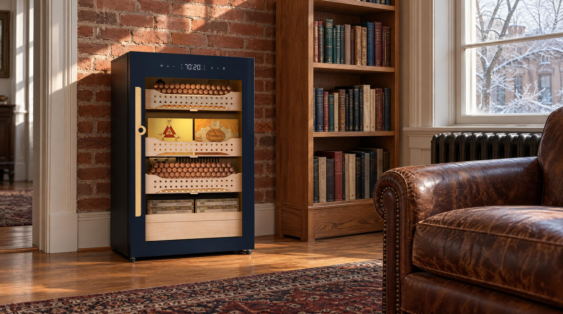 Afidano B2 glass-door cigar humidor cabinet with active humidification in a brick-walled winter study