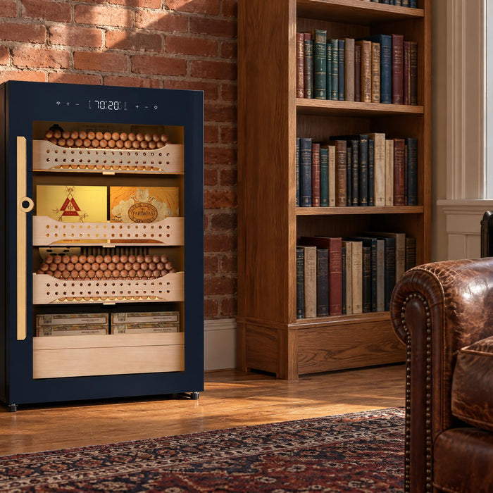 Afidano B2 glass-door cigar humidor cabinet with active humidification in a brick-walled winter study