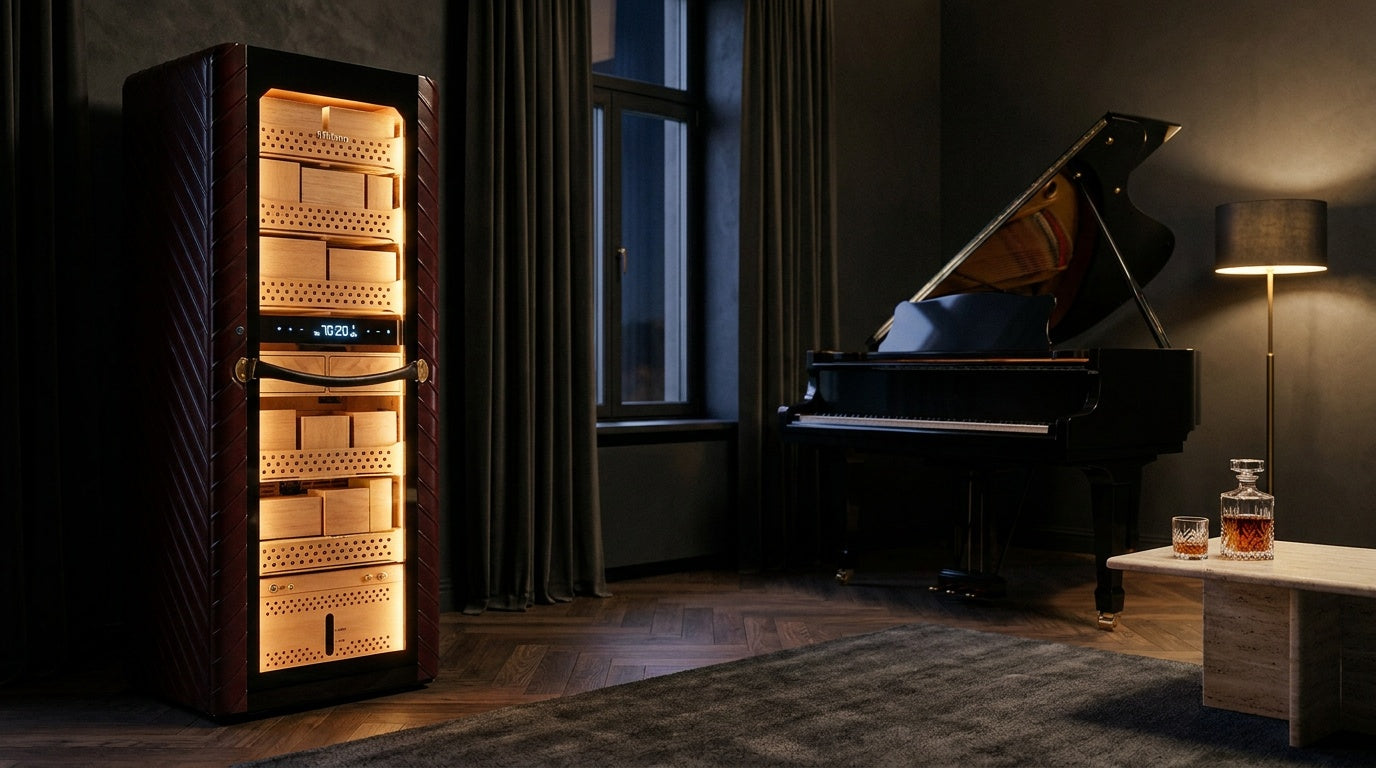 Afidano C8 Atelier electric cigar humidor beside a grand piano, lit Spanish cedar shelves behind its glass door
