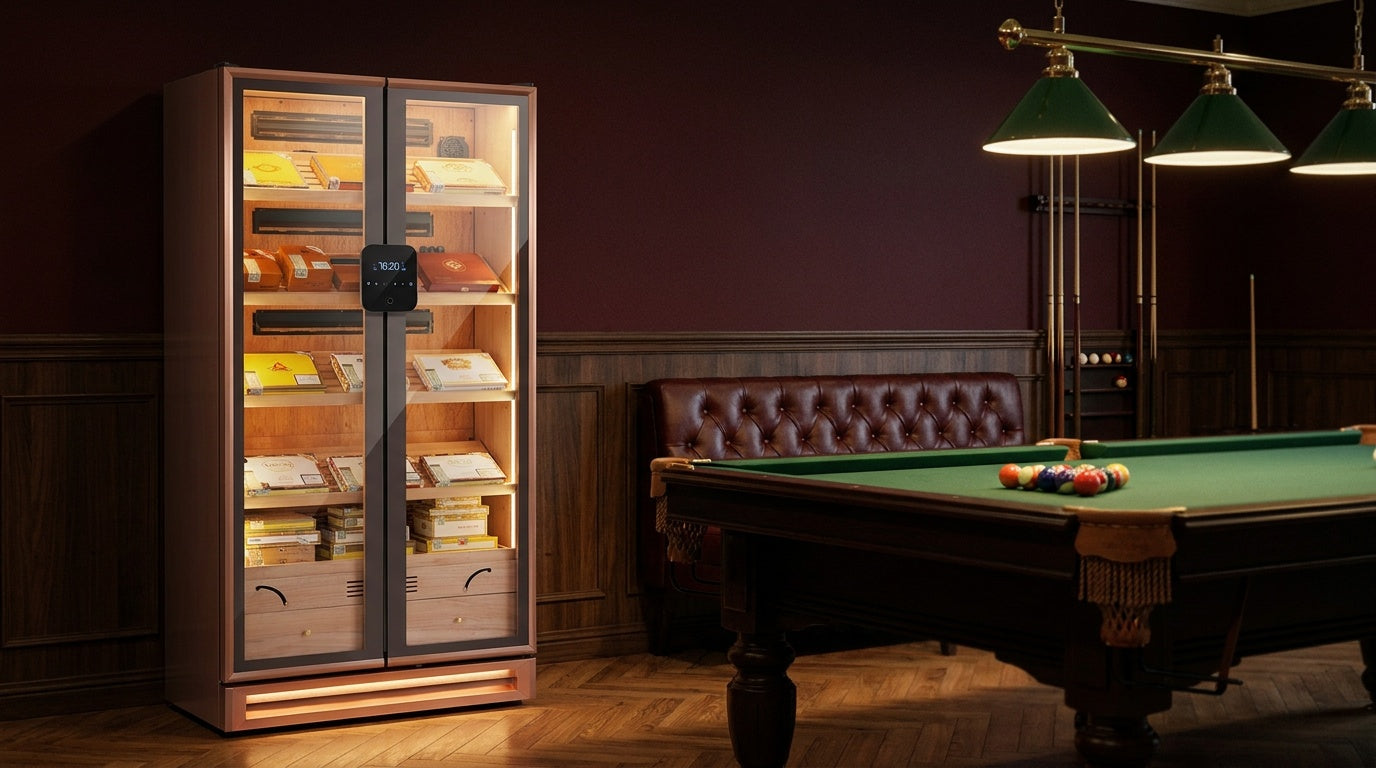 Afidano double-door cigar humidor cabinet with lit Spanish cedar shelves in a private billiards room at night