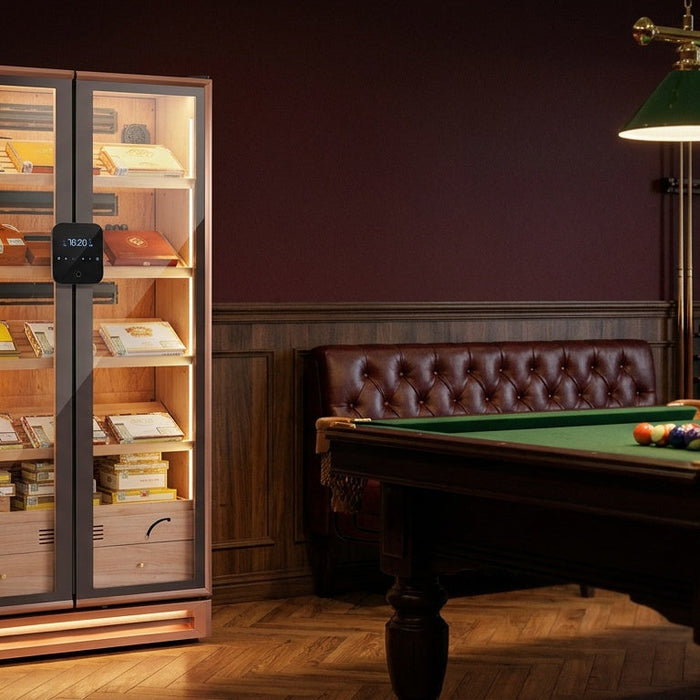 Afidano double-door cigar humidor cabinet with lit Spanish cedar shelves in a private billiards room at night