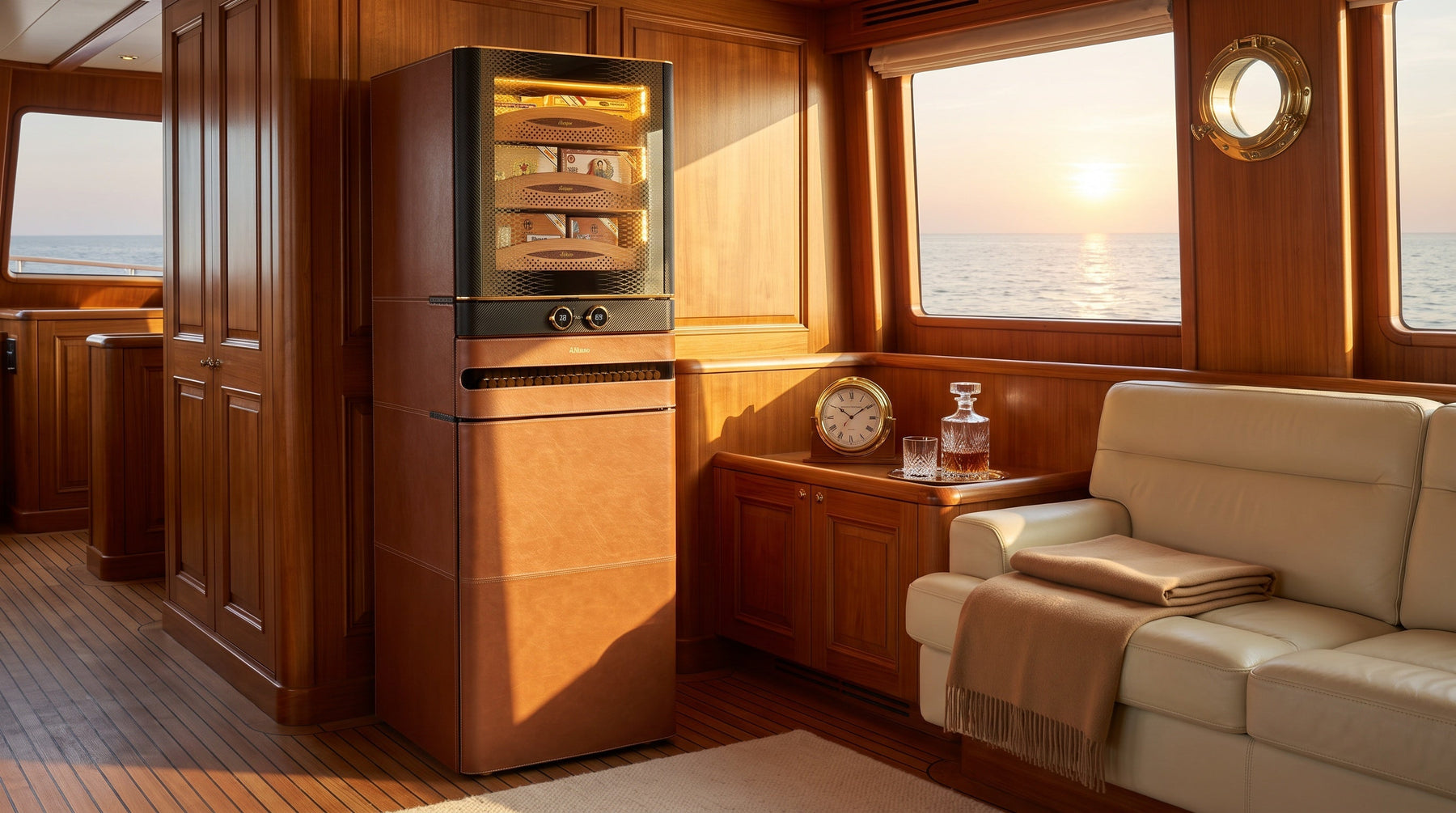 Afidano L8 Artistry cognac leather cigar humidor in a teak superyacht saloon at golden hour with a calm sea beyond