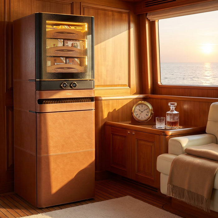 Afidano L8 Artistry cognac leather cigar humidor in a teak superyacht saloon at golden hour with a calm sea beyond