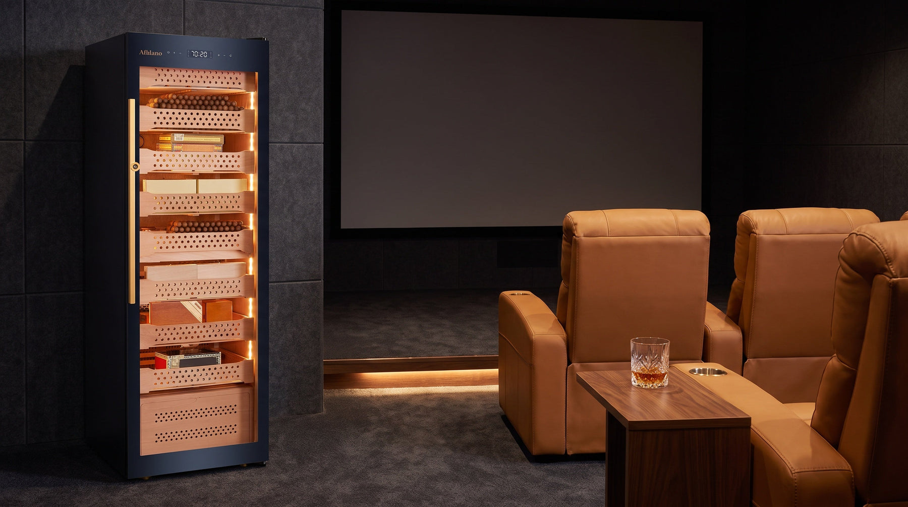 Afidano B6 1500-count cigar humidor cabinet with lit Spanish cedar trays in a private home cinema
