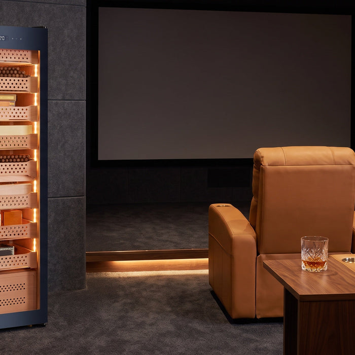 Afidano B6 1500-count cigar humidor cabinet with lit Spanish cedar trays in a private home cinema
