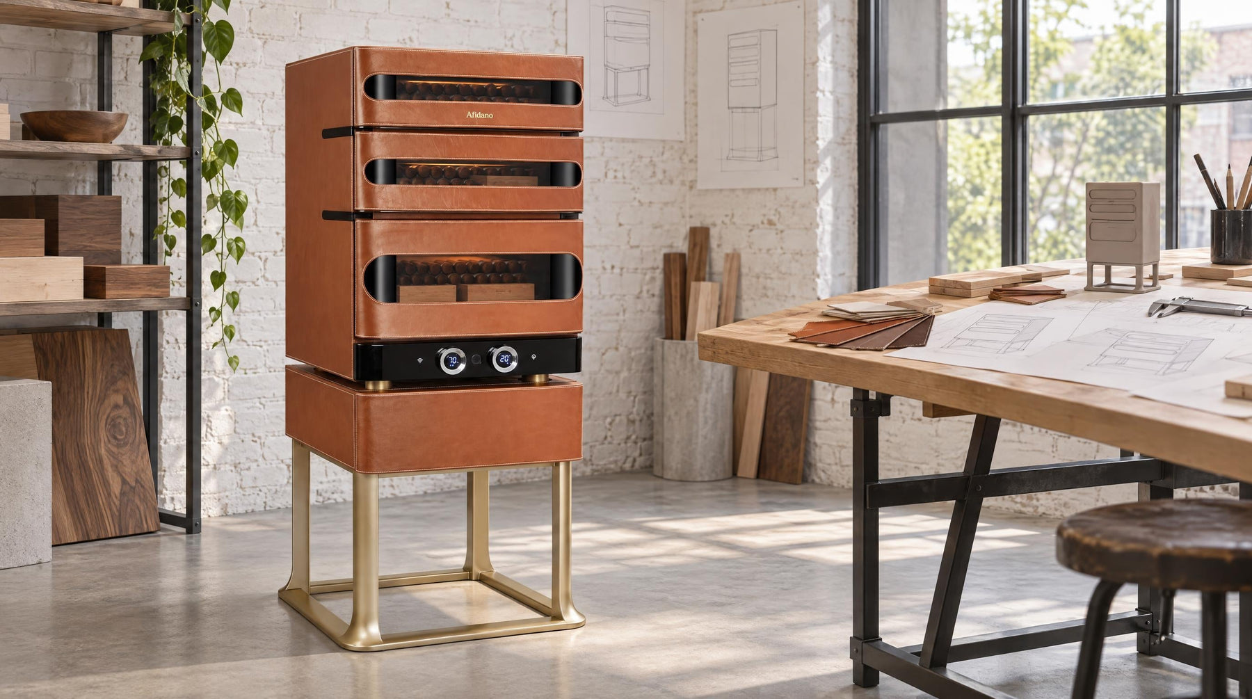 Afidano L3 Artistry leather cigar humidor on its gold stand in a sunlit industrial designer's studio