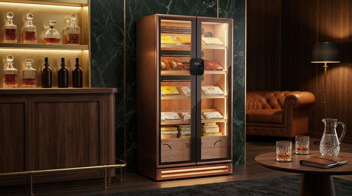 Afidano double-door cigar humidor with lit Spanish cedar shelves beside a whiskey bar in a green marble lounge